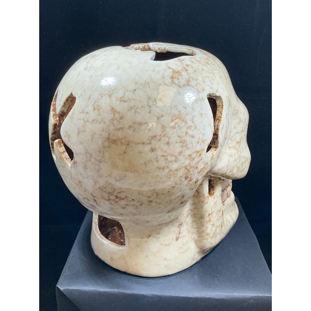 Ceramic Skull Candle Holder Halloween Decor Spider Bat Cutouts Mottled Glaze - Picture 3 of 10
